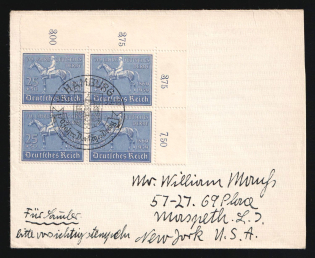 1939 (25 Jun) Third Reich, Germany, Cover from Hamburg to New-York (U.S.A.) franked with Block of Four 4 x 25pf (Mi. 698, Corner Margin, Plate Numbers, CV $300)