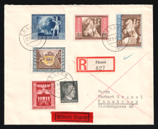 1943 (12 Sep) Third Reich, Germany, Express Registered Cover from Fussen to Innsbruck franked with 1pf, 3pf, 6pf, 12pf, 6pf, 54pf (Mi. 781, 820 - 822, 828, 829, CV $40)