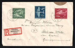 1944 Third Reich, Germany, Registered Cover Tetchen-Bodenbach (Czech Republic) to Stalowa Wola (Poland) franked with 6pf, 12pf, 42pf (Mi. 866 - 868, CV $30)