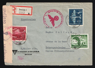 1944 (11 Apr) 'Junkers Aircraft and Motor Works' Third Reich, Germany, Registered Cover from Dessau to Estavayer-le-Lac (Switzerland) franked with 5pf, 12pf, 42pf (Mi. 867 - 868, 875, CV $30)