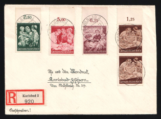 1944 (31 Mar) Third Reich, Germany, Registered Cover from Karlsbad franked with 2 x 3pf, 6pf, 12pf, 15pf (Mi. 869 - 872, CV $30)