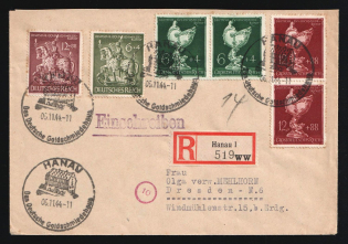 1944 (5 Nov) Third Reich, Germany, Registered Cover from Hanau to Dresden franked with 6pf, 12pf, 2 x 6pf, 2 x 12pf (Mi. 860 - 861, 902 - 903, Special Cancellations, CV $40)