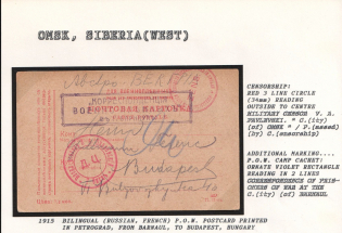 1915 Bilingual (Russian, French) P.O.W. Postcard printed in Petrograd, from Barnaul, to Budapest, Hungary. OMSK Censorship: Red 3 line circle (34 mm) reading, outside to centre
