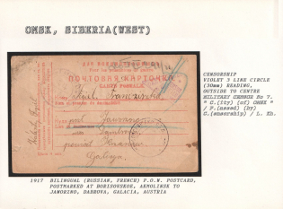 1917 Bilingual (Russian, French) P.O.W. Postcard postmarked at Borisovskoe, Akmolinsk to Jaworzno, Dabrova, Galacia, Austria. OMSK Censorship: violet 3 line circle (30 mm) reading, outside to centre