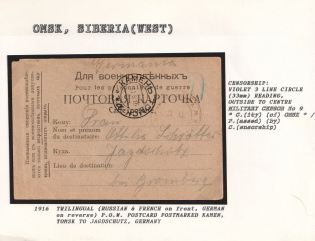 1916 Trilingual (Russian & French on Front, German on Reverse) P.O.W. Postcard postmarked Kamen, Tomsk to Jagdschutz, Germany. OMSK Censorship: Violet 3 line circle (33 mm) reading, outside to centre