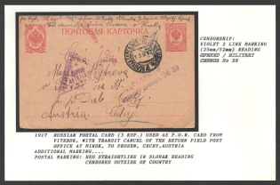1917 Russian Postal Card (3kop.) used as P.O.W. Card from Vitebsk, with Transit Cancel of the Return Field Post Office at Minsk, To Prosen, Cechy, Austria. Censorship: violet 2 line marking (25 mm/ 52 mm) reading