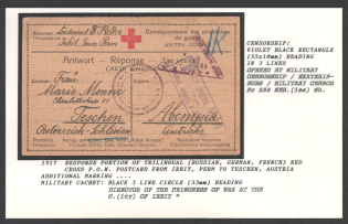 1917 Response Portion of Trilingual (Russian, German, French) Red Cross P.O.W. Postcard from Irbit, Perm to Teschen, Austria. Censorship: violet black rectangle (55 x 18 mm) reading in 3 lines