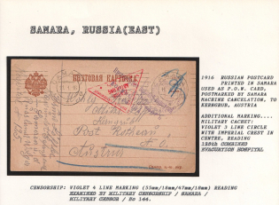 1916 Russian Postcard printed in Samara used as P.O.W. Card, postmarked by Samara Machine Cancelation, to Kerngrub, Austria. SAMARA Censorship: violet 4 line marking (55 mm/18 mm/47 mm/18 mm) reading