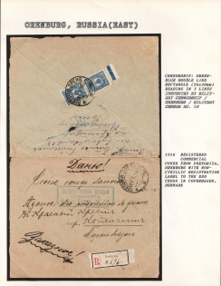1916 Registered commercial Cover from Pretoriya, Orenburg with Non-Cyrillic Registration Label to the Red Cross in Copenhagen, Denmark. ORENBURG Censorship: green-blue double line rectangle (56 x 20mm) reading in 3 lines