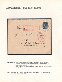 1915 Commercial Cover postmarked Astrakhan, to Red Cross in Copenhagen, Denmark. ASTRAKHAN Censorship: red rectangle (54 x 18 mm) reading in 3 lines