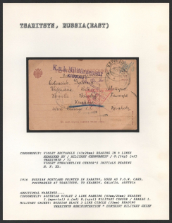 1916 Russian Postcard printed in Saratov, used as P.O.W. Card, postmarked at Tsaritsyn, to Kharkov, Galacia, Austria. TSARITSYN Censorship: violet rectangle (43 x 28 mm) reading in 4 lines, violet straightline censor’s initials reading