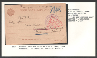 1916 Russian Postcard used as P.O.W. Card, from Berezovka, to Jaroslau, Galacia, Austria. Censorship: violet circle (34 mm),reading, outside to centre