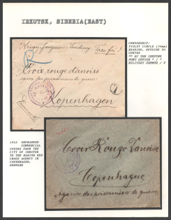 1916 Unfranked commercial Covers from the City of Irkutsk to the Danish Red Cross Agency in Copenhagen, Denmark. IRKUTSK Censorship: violet circle (34 mm), reading, outside to centre