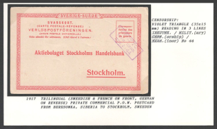 1917 Trilingual (Sweedish & French on Front, German on Reverse) private commercial P.O.W. Postcard from Beresowka, Siberia to Stockholm, Sweden. Censorship: violet triangle (35 x 15 mm) reading in 3 lines