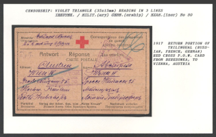 1917 Return Portion of Trilingual (Russian, French, German) Red Cross P.O.W. Card from Beresowka, to Vienna, Austria. Censorship: violet triangle (35x15 mm) reading in 3 lines