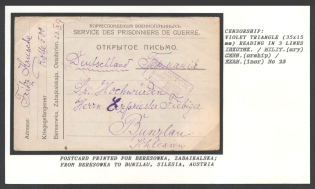 Postcard printed for Beresowka, Zabaikalska. from Beresowka to Bunzlau, Silesia, Austria. Censorship: violet triangle (35x15 mm) reading in 3 lines