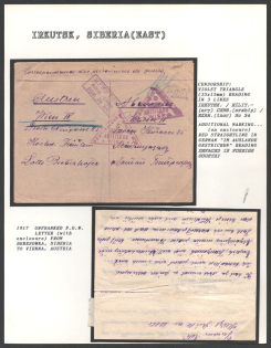 1917 Unfranked P.O.W. Letter (with Enclosure) from Beresowka, Siberia to Vienna, Austria. IRKUTSK Censorship: violet triangle (35 x 15 mm) reading in 3 lines