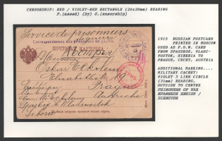 1915 Russian Postcard printed in Moscow used as P.O.W. Card from Spasskoe, Vladivostok, Siberia to Prague, Cechy, Austria. VLADIVOSTOK Censorship: red / violet-red rectangle (26 x 20 mm) reading
