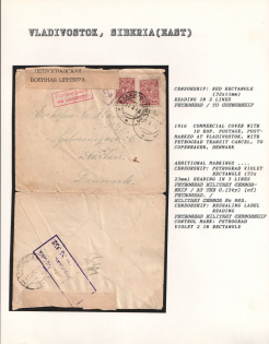 1916 Commercial Cover with 10 Kop. Postage, postmarked at Vladivostok, with Petrograd Transit Cancel, to Copenhagen, Denmark. VLADIVOSTOK Censorship: red rectangle (32 x 11 mm) reading in 2 lines