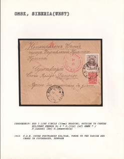 1915 P.O.W. Cover postmarked Kolivan, Tomsk to the Danish Red Cross in Copenhagen, Denmark. OMSK Censorship: Red 3 line circle (33 mm) reading, outside to centre