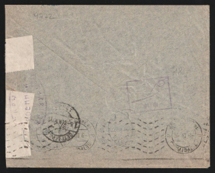 1915 Petrograd Censorship, WWI Censored cover from Petrograd to Kopenhagen with violet oval censor handstamp 'Opened military censorship' and violet boxed '#16'