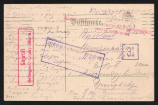 1916 Petrograd Censorship, WWI Censored POW postcard from Germany to Petrograd with violet boxed censor handstamp 'Opened by censor 293' and Germany cs
