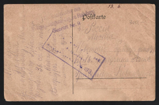 1916 Petrograd Censorship, WWI Censored POW postcard from Germany to Moscow with violet boxed censor handstamp 'Opened by censor 393' and Germany cs