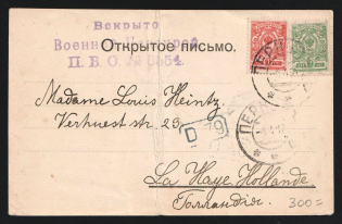 1917 Petrograd Censorship, WWI Censored postcard from Perkov to Holland with violet letters censor handstamp 'Opened by censor 8554'