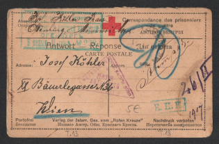 1917 Orenburg Censorship, WWI Censored POW postcard from Orenburg to Austria with blue boxed censor handstamp 'Viewed by censor 228', blue boxed 'KNK' and Vienna cs