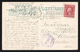 1916 Moscow Censorship, WWI Censored postcard from United States to Moscow with violet round censor handstamp 'Viewed by censor 116'