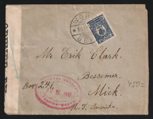 1917 Helsinki (Helsingfors) Censorship, WWI Censored cover from Wora to New York with red oval censor handstamp 'Military censorship'