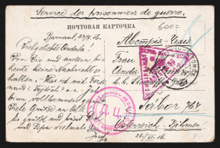 1916 Barnaul Censorship, WWI Censored POW postcard from Barnaul to Austria with violet round censor handstamp 'Military censor 24' and Vienna cs