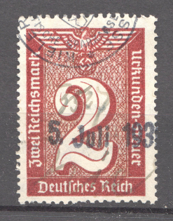 1930-40 Third Reich Fiscal Tax Revenue Stamps Swastika 2 Rm (Cancelled)