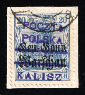 1918 20pf Kalisz Local Issue on piece, Poland (Type IV, Used)