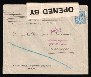 July 1915 London to Warsaw and returned because of suspended mail service. 2 diff return cachets in French, British censor label and Russian DC censor, Dramatic WWI postal history item