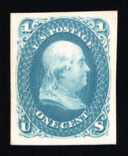 1861 1c Franklin, United States, USA (Scott 63P4, Blue, Proof, Imperforate, Thick Paper, Plate on Card, CV $40)