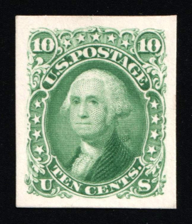 1861 10c Washington, United States, USA (Scott 68P4, Green, Proof, Imperforate, Thick Paper, Plate on Card, CV $30)