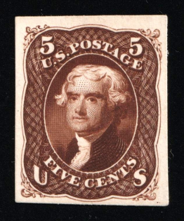 1861 5c Jefferson, United States, USA (Scott 76P4, Brown, Proof, Imperforate, Thick Paper, Plate on Card, CV $30)