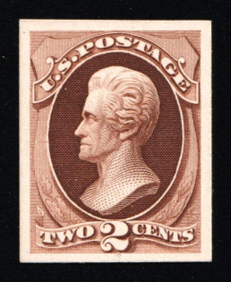 1873 2c Jackson, United States, USA (Scott 157P4, Brown, Proof, Imperforate, Thick Paper, Plate on Card)