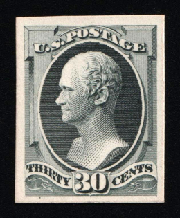 1873 30c Hamilton, United States, USA (Scott 165P4, Greenish Black, Proof, Imperforate, Thick Paper, Plate on Card)