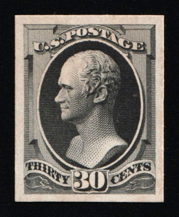 1873 30c Hamilton, United States, USA (Scott 165P4, Plain Black, Proof, Imperforate, Thick Paper, Plate on Card)