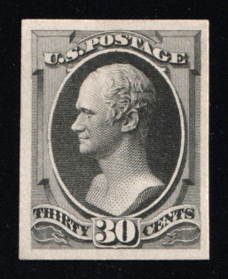 1873 30c Hamilton, United States, USA (Scott 165P4, Gray Black, Proof, Imperforate, Thick Paper, Plate on Card)