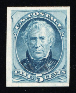 1879 5c Taylor, United States, USA (Scott 185P4, Blue, Proof, Imperforate, Thick Paper, Plate on Card)