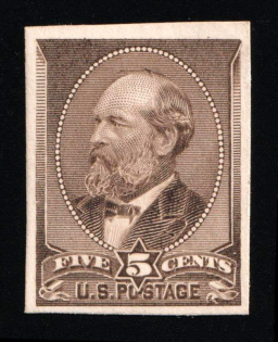 1881-82 5c Garfield, United States, USA (Scott 205P4, Yellow Brown, Proof, Imperforate, Thick Paper, Plate on Card)