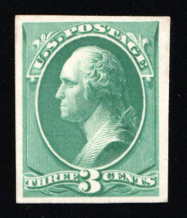 1881-82 3c Washington, United States, USA (Scott 207P4, Blue Green, Proof, Imperforate, Thick Paper, Plate on Card)