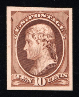1881-82 10c Thomas Jefferson, United States, USA (Scott 209P4, Brown, Proof, Imperforate, Thick Paper, Plate on Card)