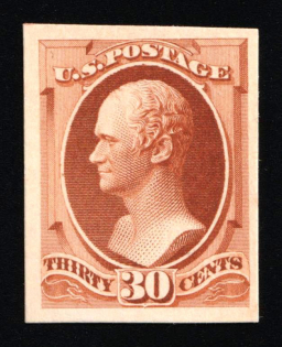 1887-88 30c Hamilton, United States, USA (Scott 217P4, Orange Brown, Proof, Imperforate, Thick Paper, Plate on Card, CV $50)