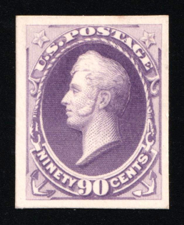 1887-88 90c Perry, United States, USA (Scott 218P4, Purple, Proof, Imperforate, Thick Paper, Plate on Card, CV $50)