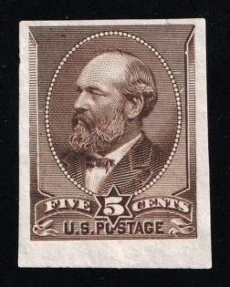 1881-82 5c Garfield, United States, USA (Scott 205P3, Yellow Brown, Proof, Imperforate, Thin Paper, Plate on India Paper, CV $40)