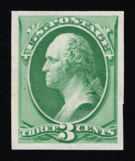 1870-71 3c Washington, United States, USA (Scott 147P3, Green, Proof, Imperforate, Thin Paper, Plate on India Paper)